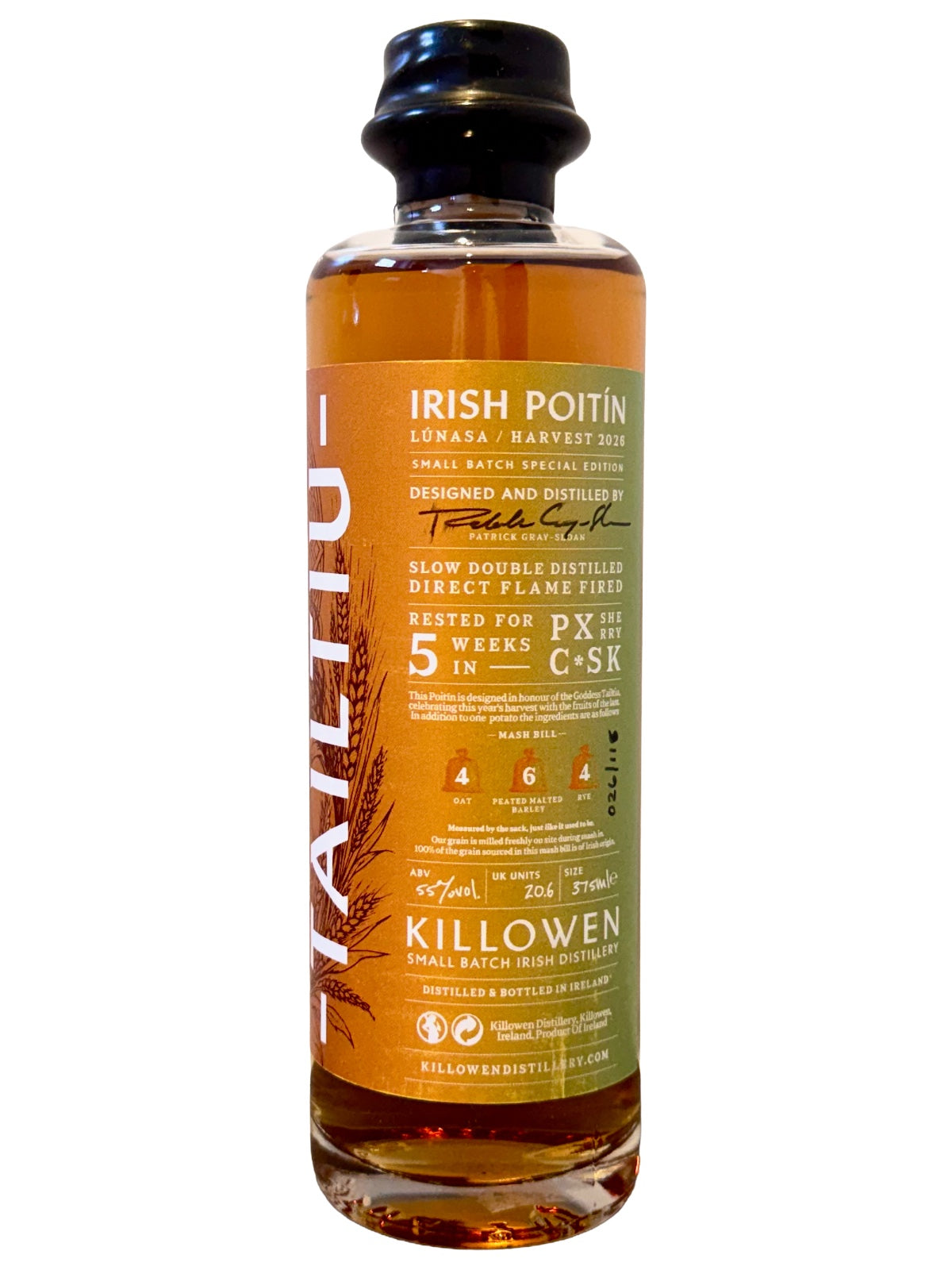 Killowen Tailtiu Irish Poitín Rückenetikett mit Mash Bill und Angaben