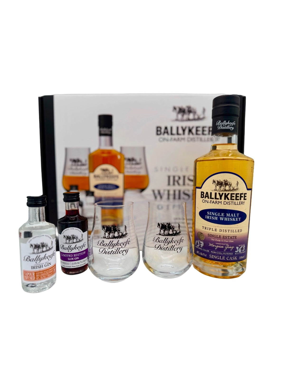 Ballykeefe Single Malt Irish Whiskey Gift Box – Single Cask 46% Vol. 0,5l + Gin & Gläser