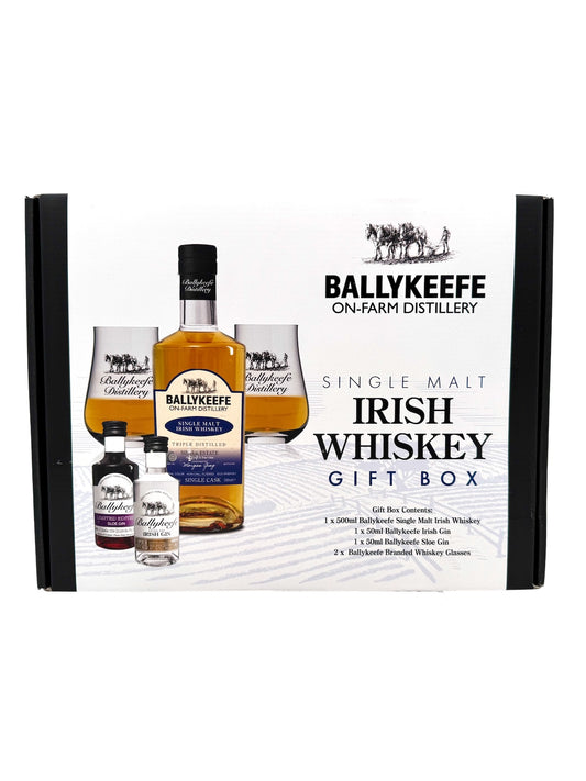 Ballykeefe Single Malt Irish Whiskey Gift Box – Single Cask 46% Vol. 0,5l + Gin & Gläser