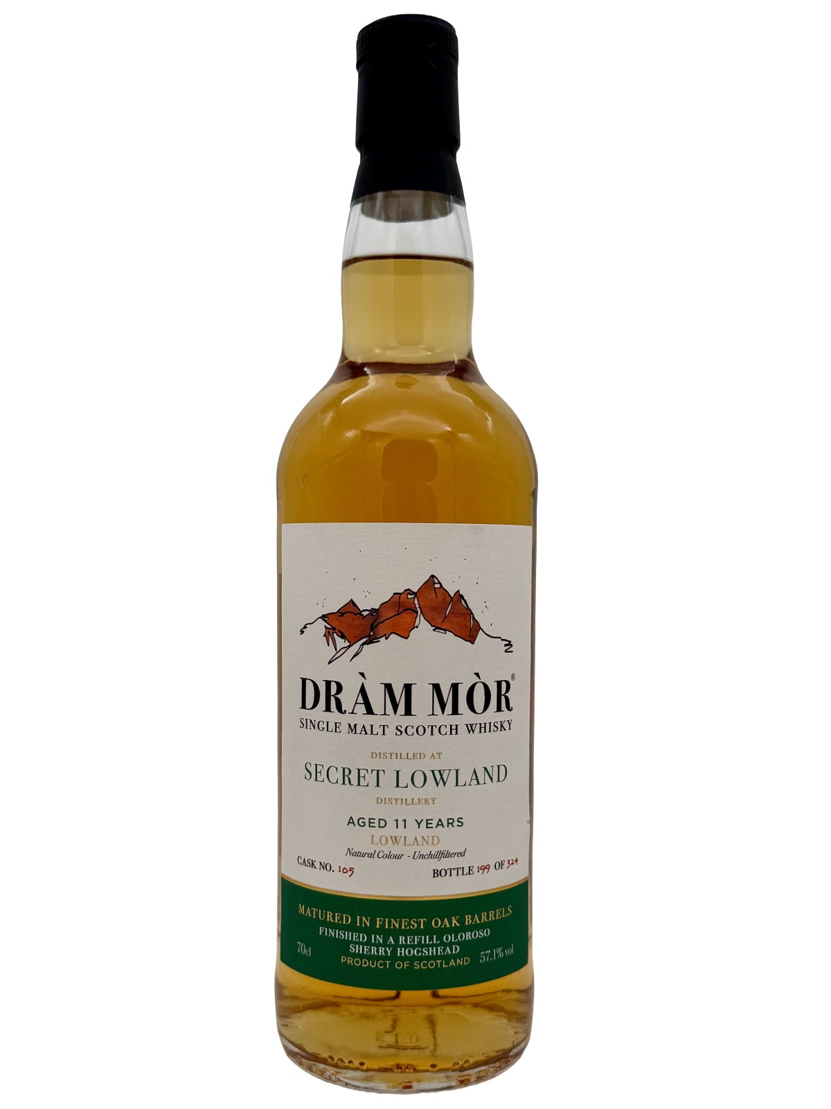 Dràm Mòr Secret Lowland 11 Jahre Lowland Single Malt Scotch Whisky Refill Oloroso Sherry Hogshead Finish 57,1% Vol. 0,7l