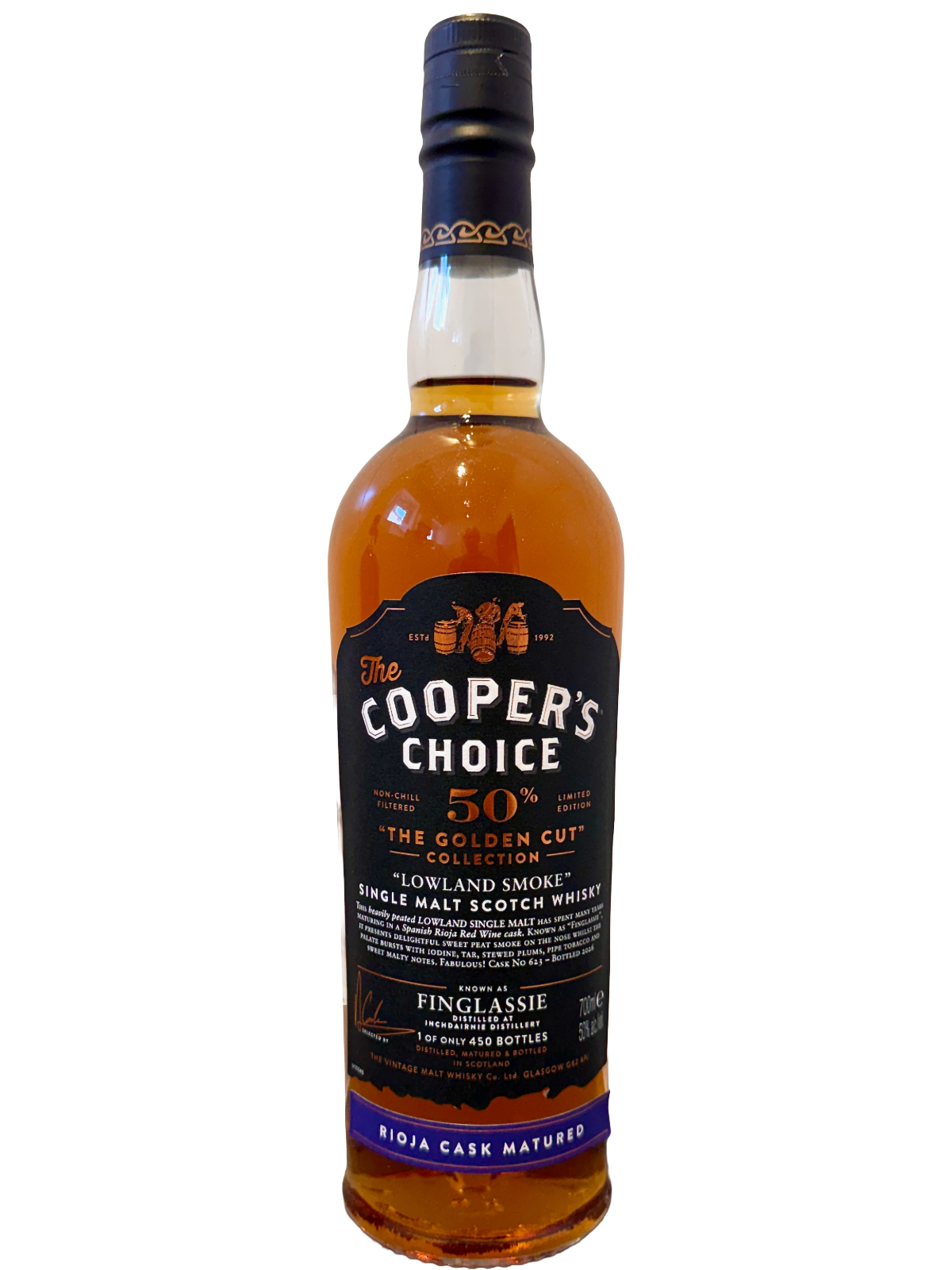 Finglassie "Lowland Smoke" Vintage 2018 Cooper's Choice The Golden Cut - Rioja Cask Matured - Lowland Single Malt Scotch Whisky, 50% Vol., 0,7l
